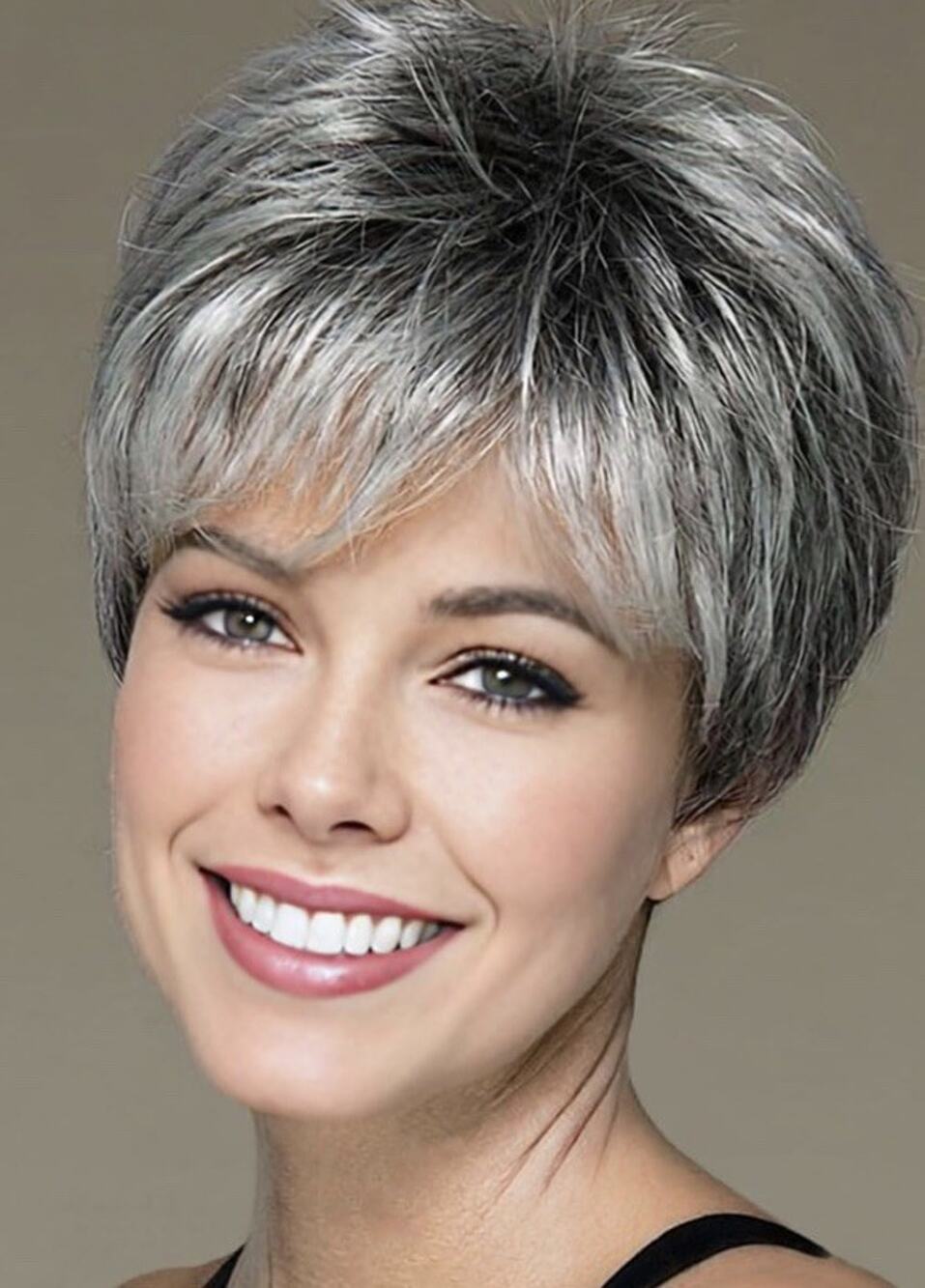 SEVENCOLORS Short Mixed Gray/White Pixie Cut Wig for Women Layered W/ Bangs